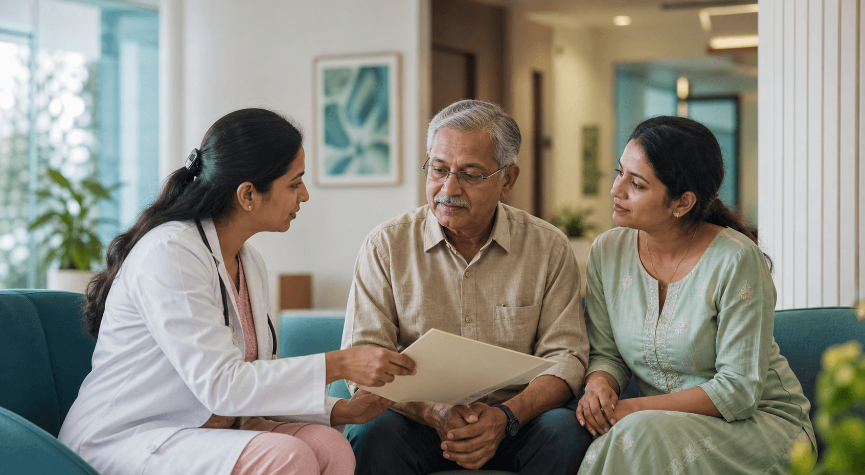 An Indian doctor discussing healthcare options with a senior patient and his family member